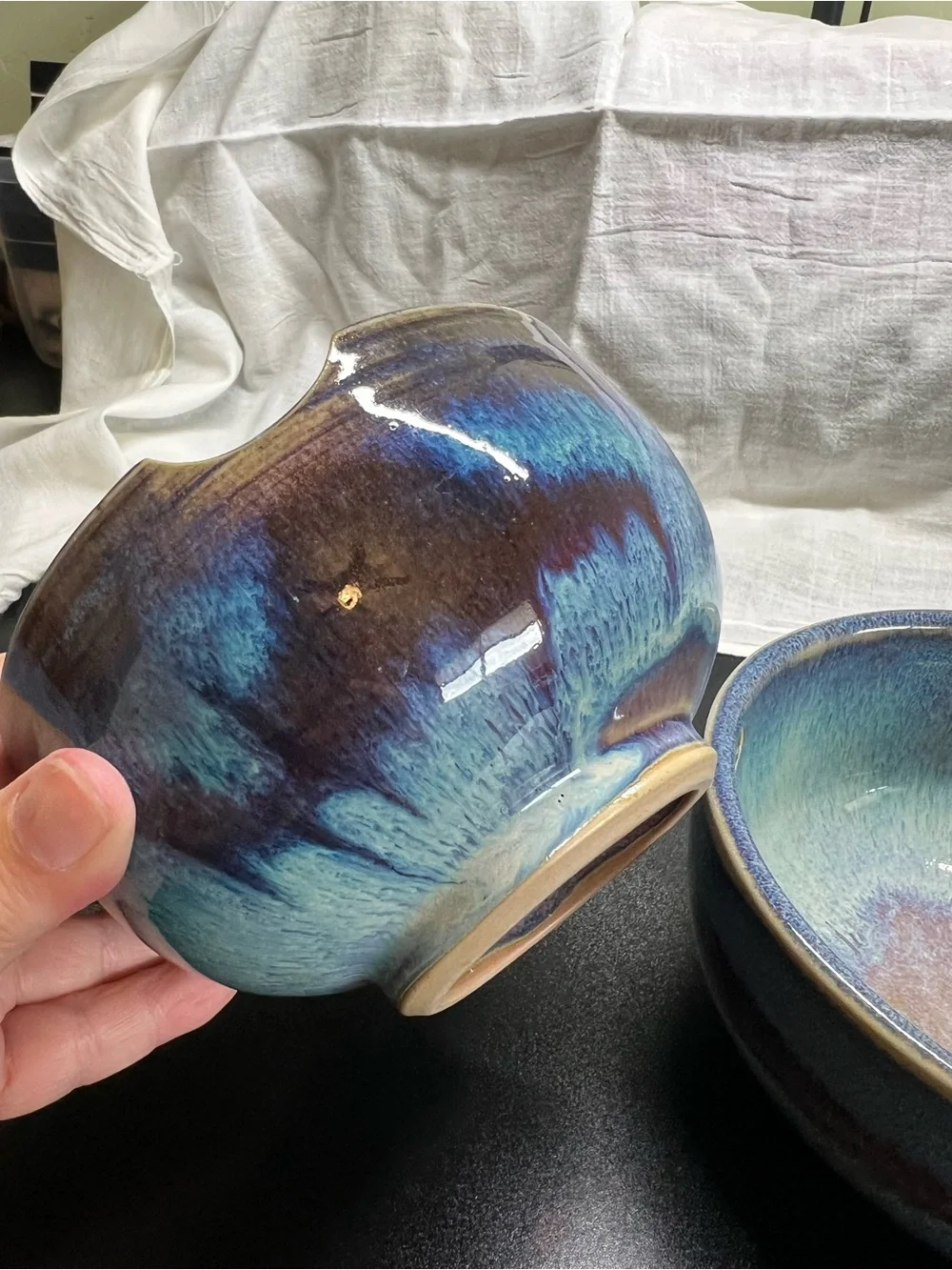 Noodle Bowl Hand Crafted Blue Stoneware Set Of 2. Marked AD